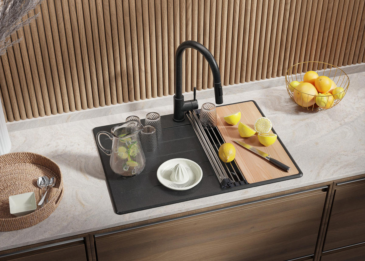 SPÜLBECKEN Kopenhagen, 2-er set Anthrazit 70/50 cm 1 Becken + Ablauf-Set + Schneidebrett ab 40er Unterschrank - Chromfarben/Anthrazit, Kunststoff (70/20/50cm) - Primagran