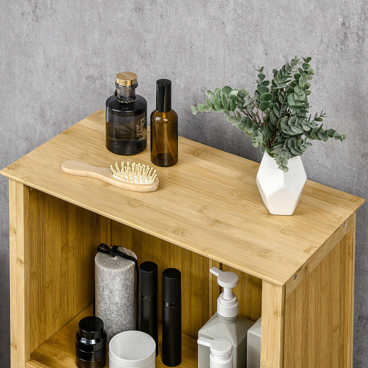 BADZIMMERSCHRANK mit offenem Regal, Bambus, Natur, 50 x 25,5 x 92 cm - Naturfarben, Holz (25.5/92/50cm) - HOMCOM