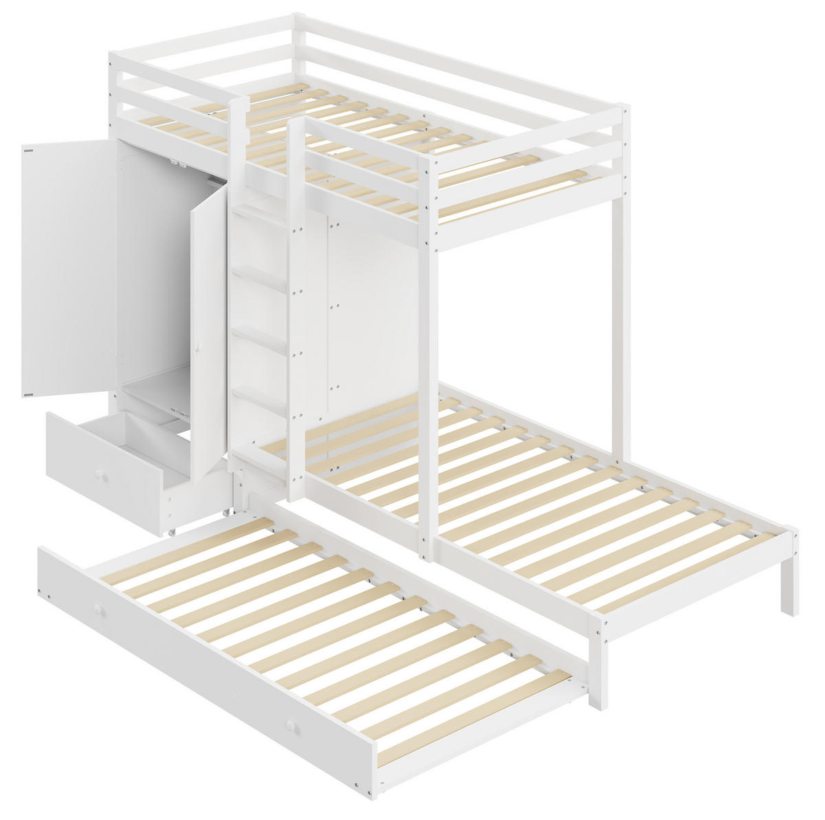 ETAGENBETT mit Ausziehbett, Kleiderschrank und Schubladen 90x200 cm Weiß - Weiß, Holzwerkstoff (90/200cm) - Beauniv