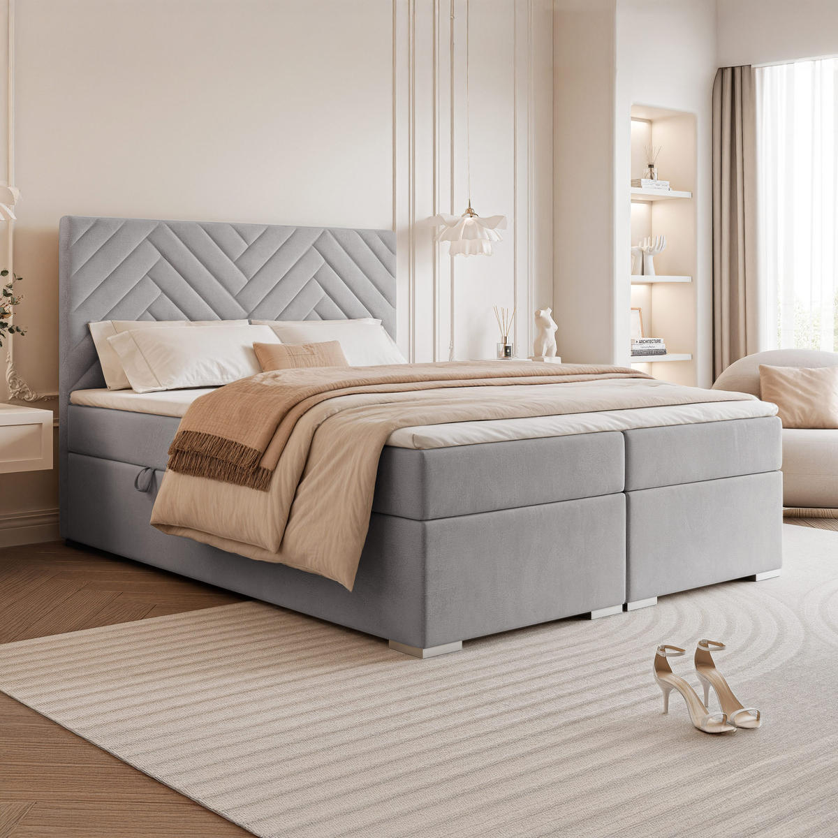 BOXBETT NEREA 120/200 cm mit Matratze und Topper, Grau - Grau, Textil (120/200cm) - Idohome