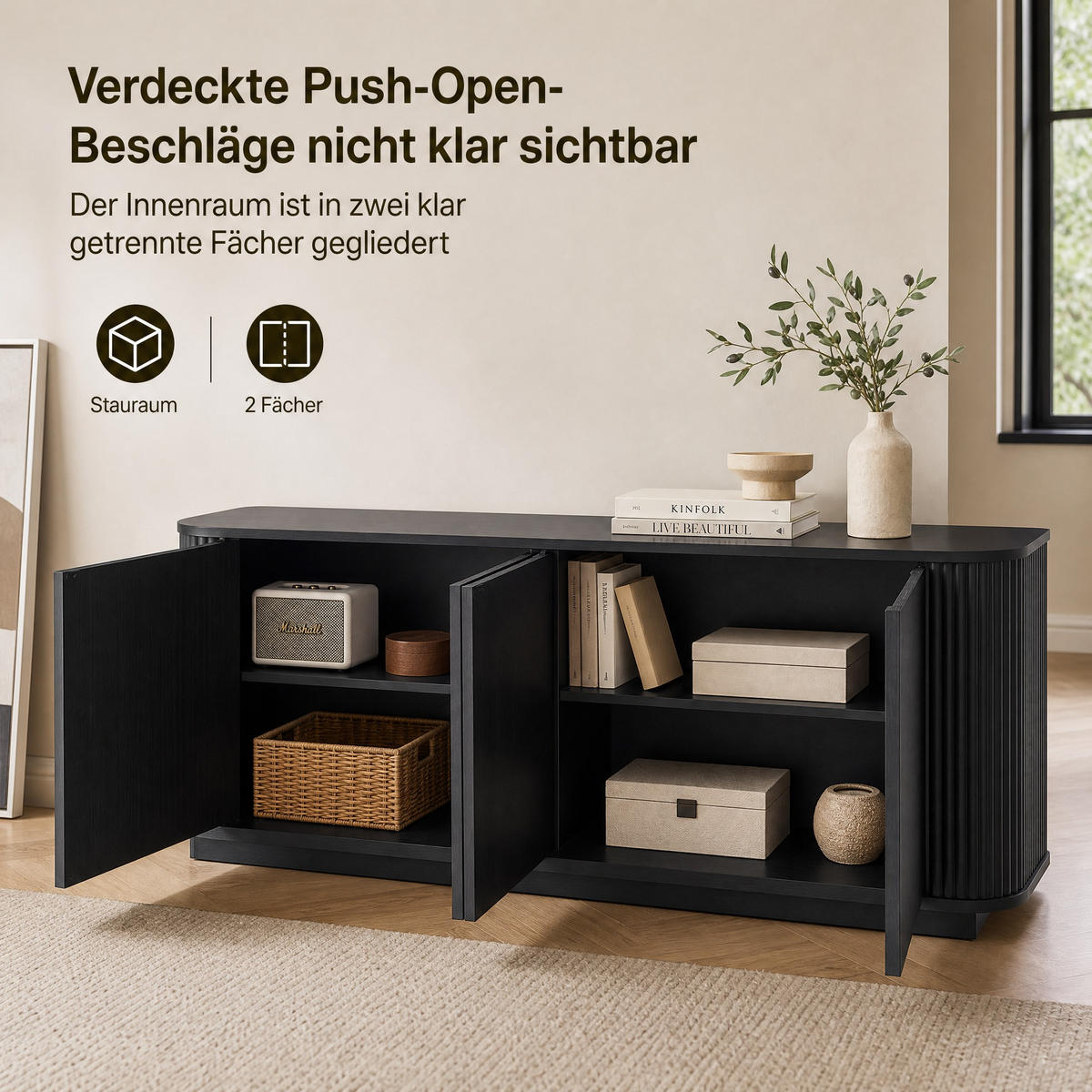 SIDEBOARD 162.5/38/61 cm Schwarz aus MDF mit Wellenmuster - Schwarz, Metall (38/61/162.5cm) - OKMYHOME