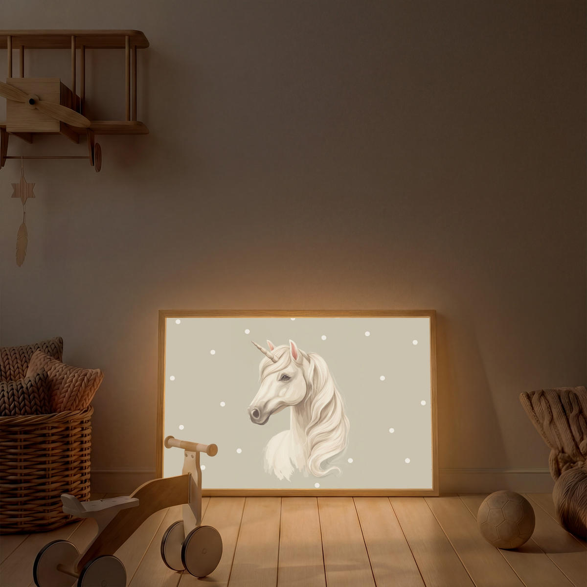 NÁSTĚNNÁ LAMPA S AKUMULÁTOREM Jednorožec - bílý - tečky 90x60 cm - šedohnědá, kompozitní dřevo (90/60/8cm) - OnlyWow