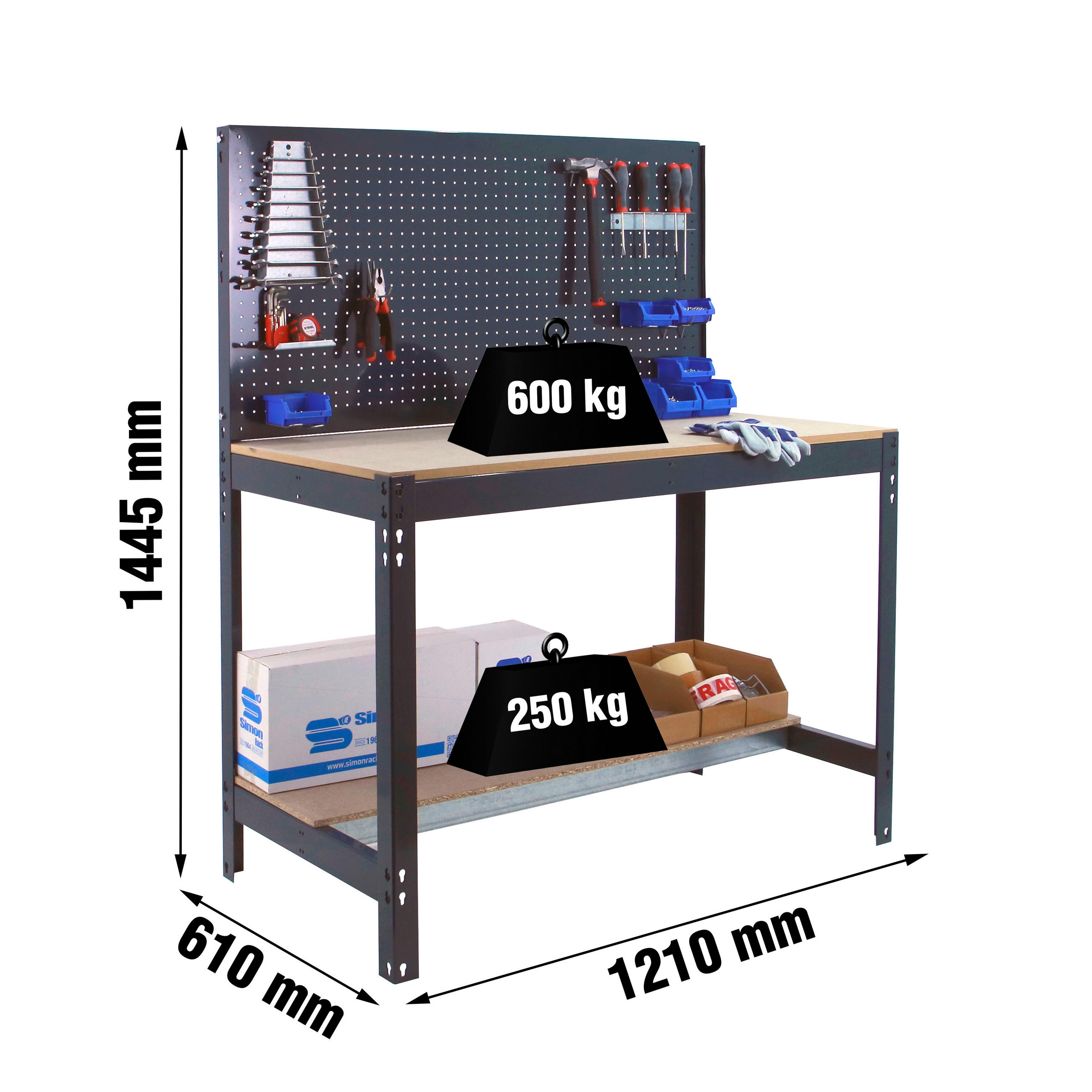 WERKBANK BUFFALO mit Werkzeugwand | HxBxT 84x120x61cm | Traglast 600kg | Anthrazit - Anthrazit, Metall (120/84/61cm) - PROREGAL