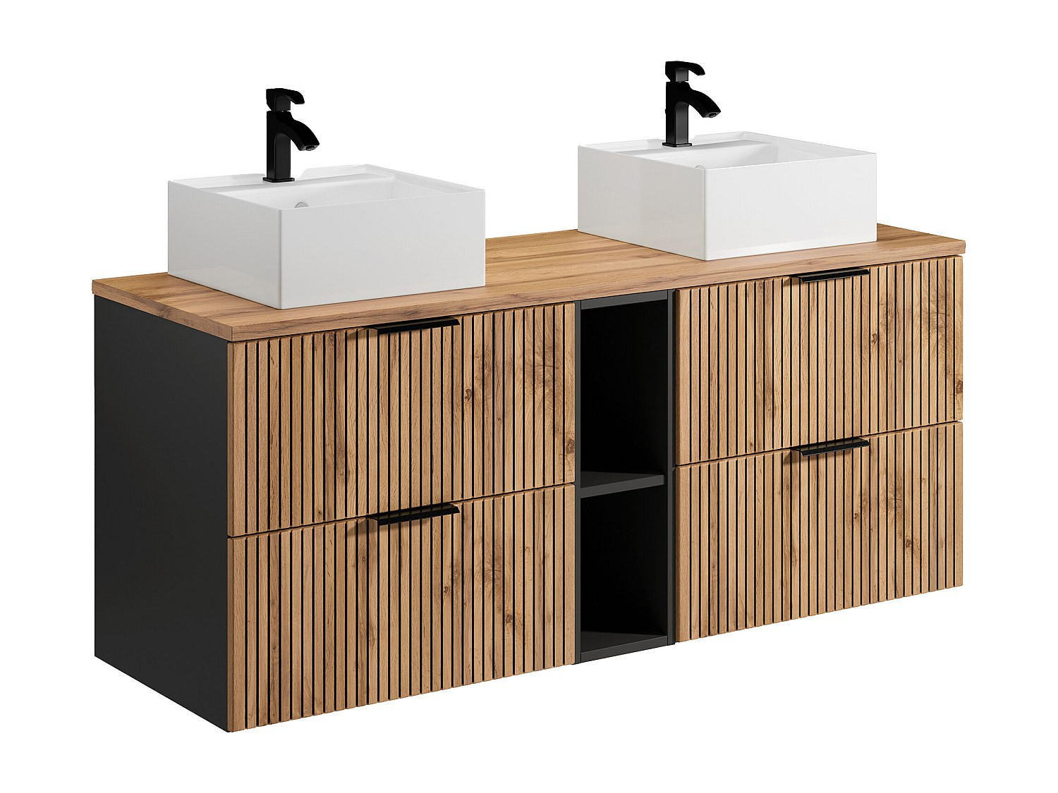 DOPPELWASCHTISCH - 140cm x 46cm - MDF - schwarz, naturfarben hell - MADELA - Schwarz, Holz (140/57/46cm) - Vente-Unique