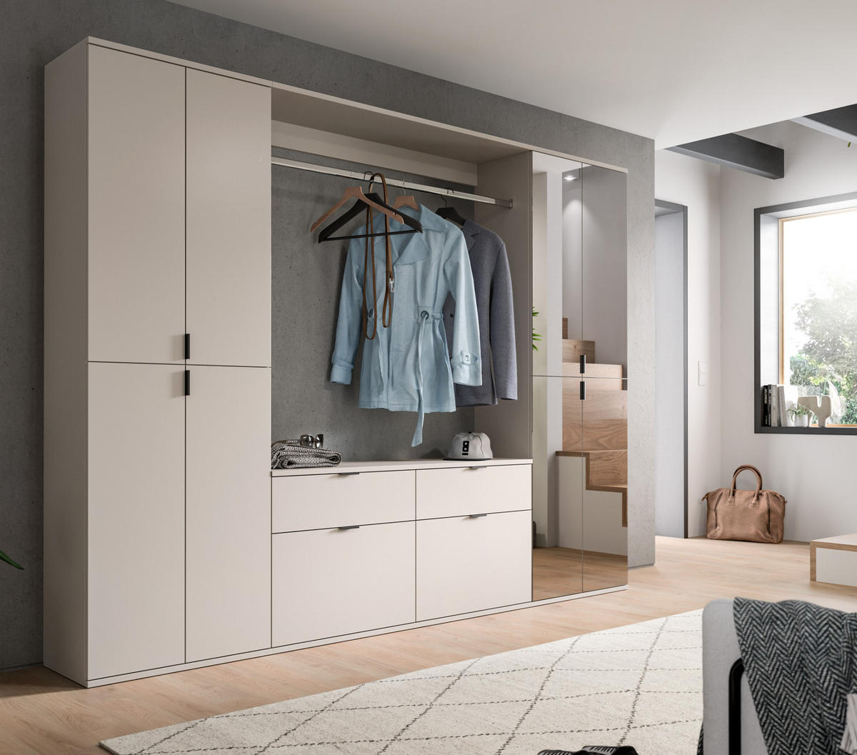 GARDEROBEN-SET Kaschmir 243 x 193 cm, Schuhschrank mit Spiegel - Kaschmir/Schwarz, Glas/Holzwerkstoff (243/193/34cm) - Inn.Furn