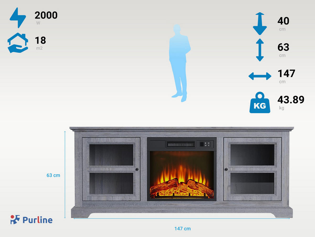 ELEKTROKAMIN in rustikaler Anrichte Grau mit elektrischem Kamin und Heizung 2000 W - Grau, Glas (147/63/40cm) - Purline