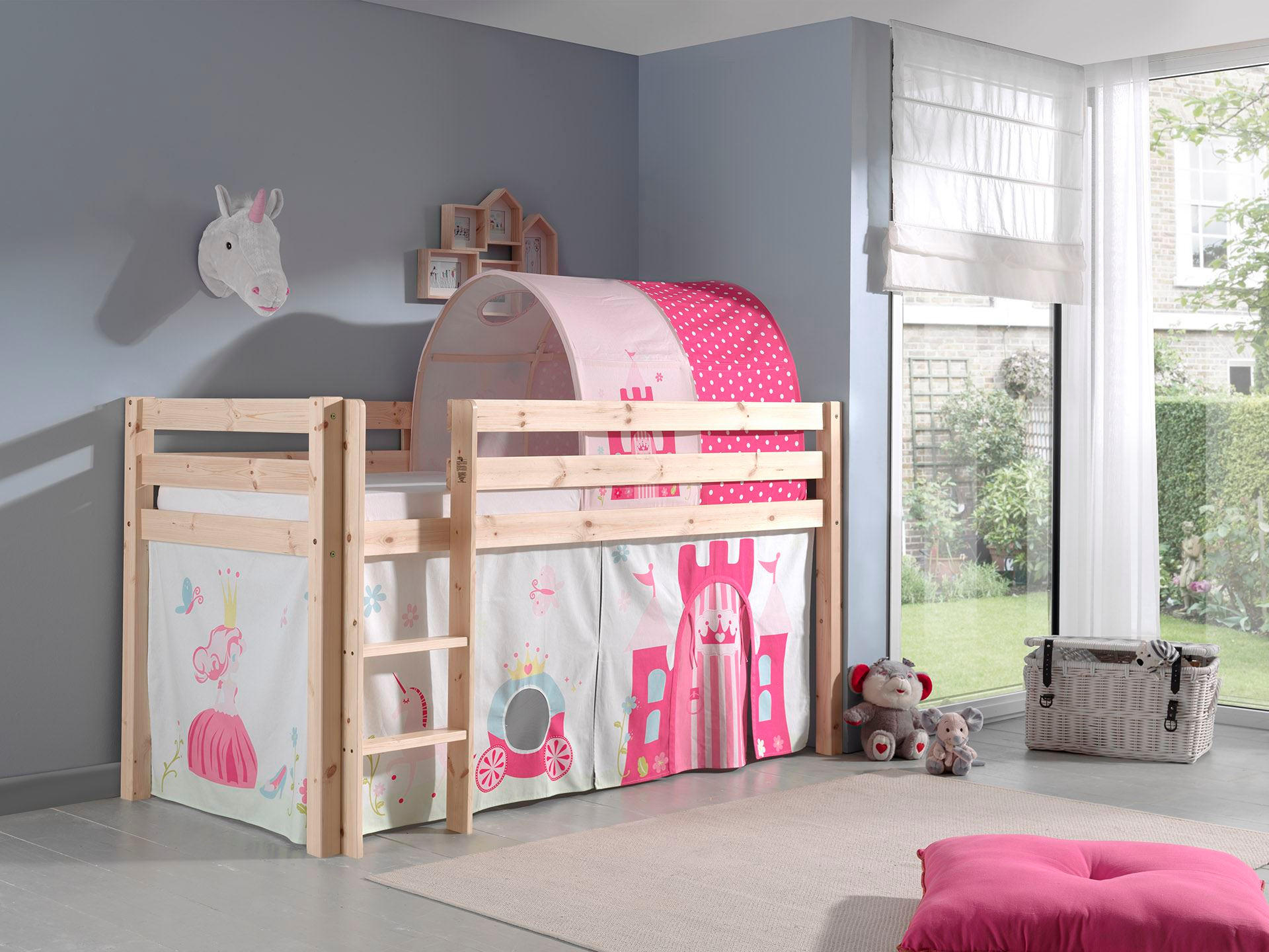 KINDERBETT Karolina 210x114x106 Massivholz Natur Textilset Princess 2 - Magenta/Kieferfarben, Holz (90/200cm) - 58aufmkessel