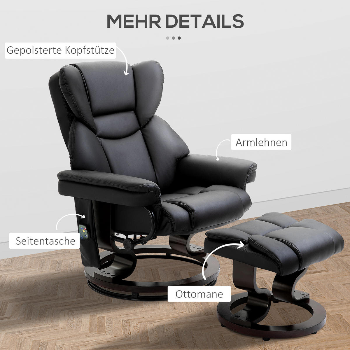 RELAXSESSEL Massagesessel mit Fußhocker Liegefunktion Schwarz 79 x 82 x 101 cm - Schwarz, Holz/Metall (82/101/79cm) - HOMCOM