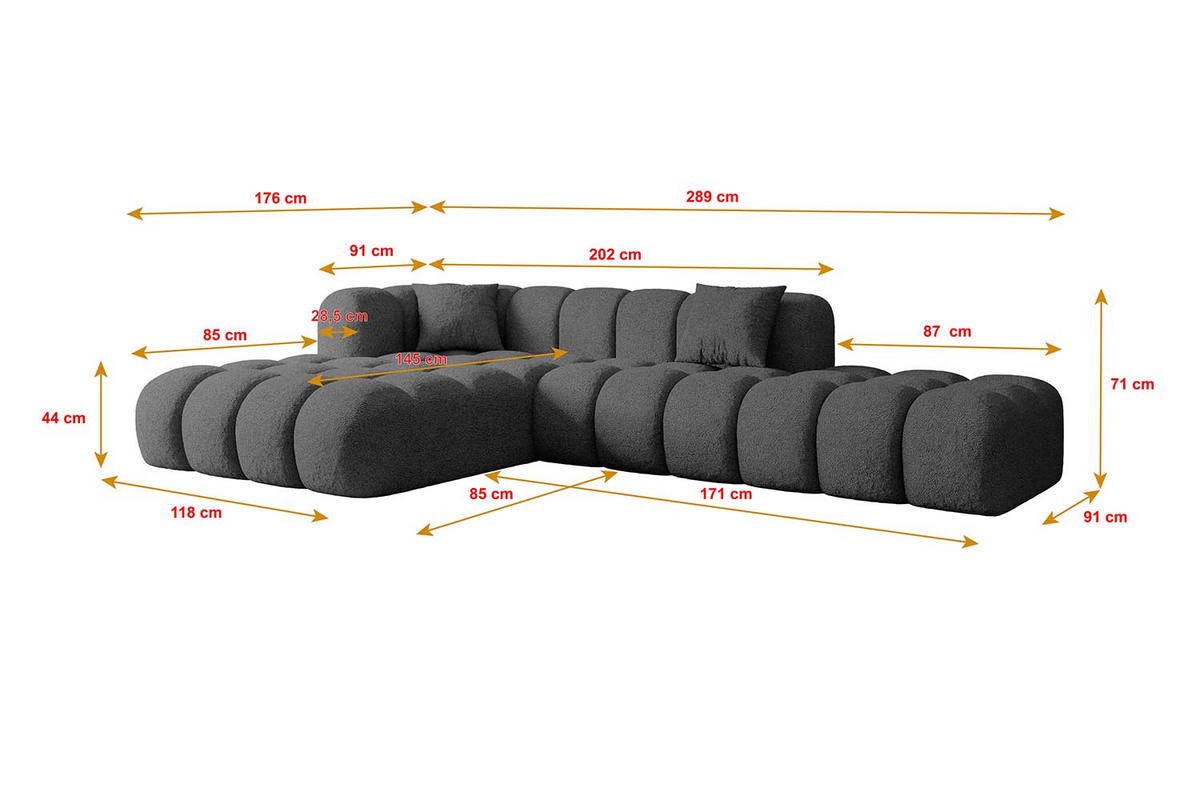 ECKSOFA Ottomane Links OLEA-L2 - 289x176x71 cm Grau Bouclé - Schwarz/Grau, Holzwerkstoff/Kunststoff (190/309cm) - ALTDECOR