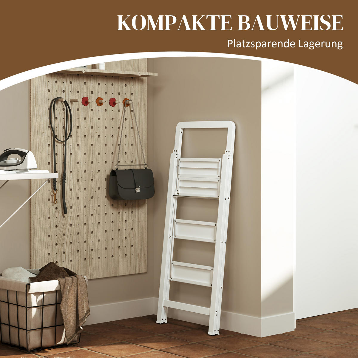 TRITTLEITER Stehleiter mit 3 Stufen Leichtbau Aluminum-Leiter 66,3 x 41,5 x 104,6 cm Weiß - Weiß, Metall (41.5/66.3/104.6cm) - HOMCOM