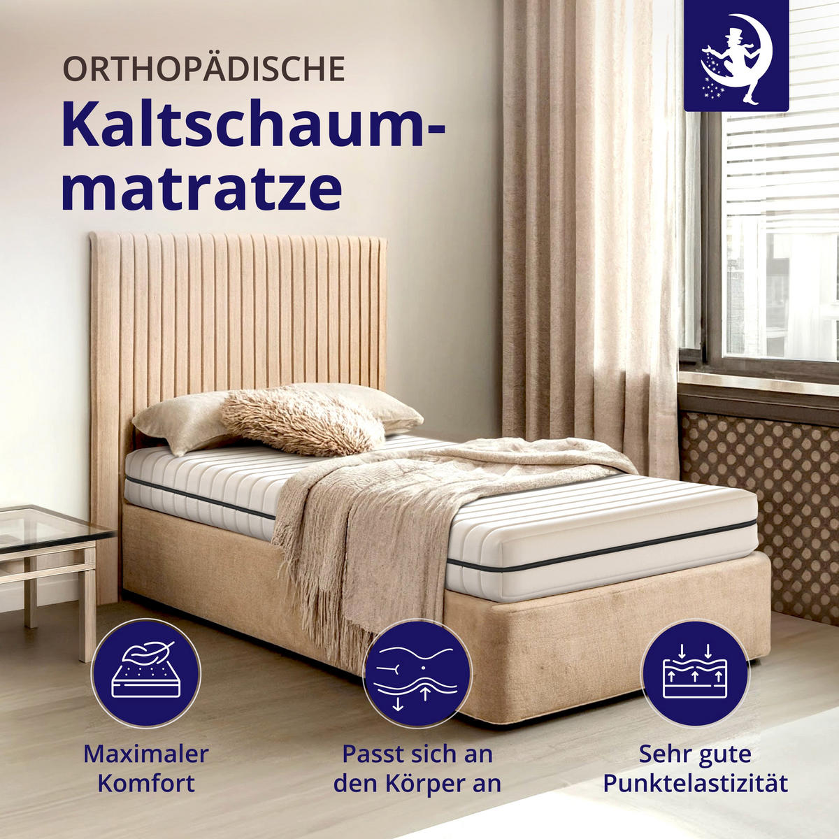 KALTSCHAUMMATRATZE 80x200 H2 H3 7-Zonen Wendematratze - Höhe ca. 18 cm - Bezug waschbar - Weiß, Textil (80/200cm) - Mister Sandman