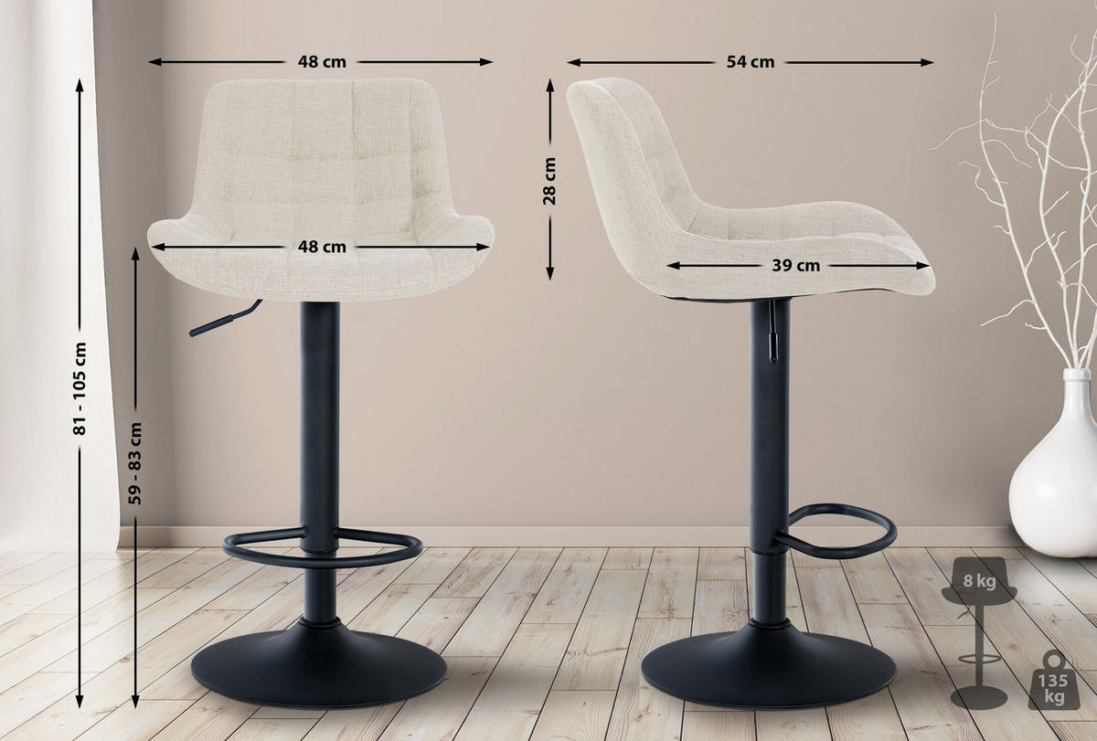 BARHOCKER 2er Set Stoff creme - Creme/Schwarz, Textil/Metall (48/81/54cm) - CLP