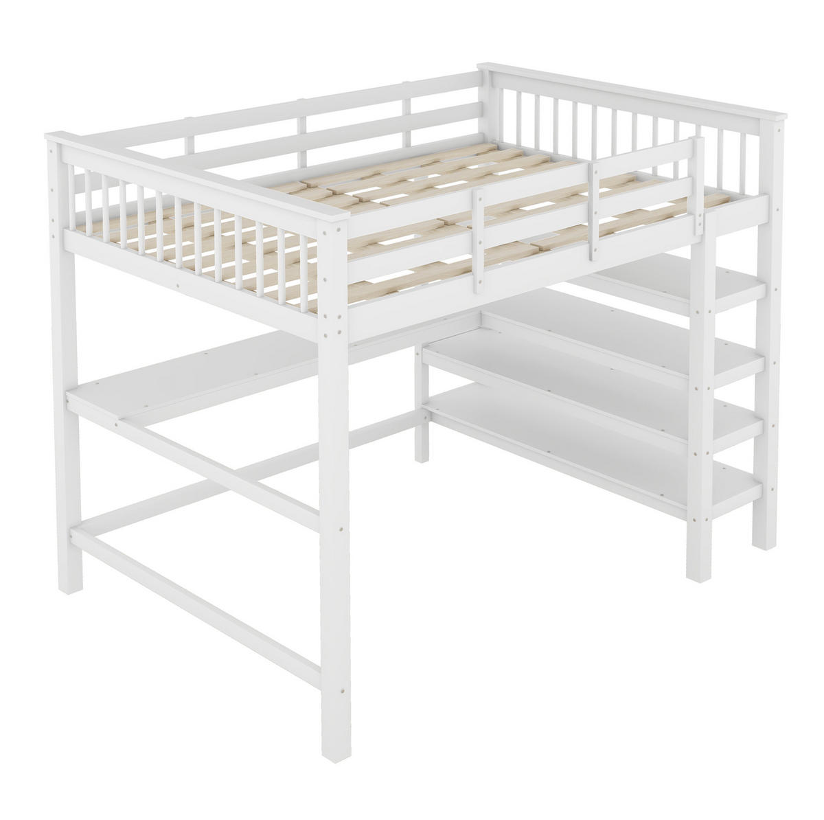 VISOKI krevet 140/200 cm s radnim stolom i policama, sigurnosnom ogradom i minimalističkim dizajnom, Bijela - bijela, drvni materijal (140/200cm) - Redom