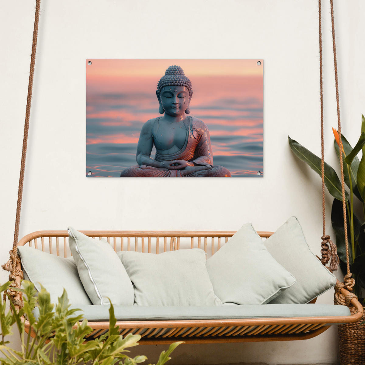 ZAHRADNÍ PLAKÁT Buddha - Socha - Buddha - Voda - Umění - Buddha 90x60 cm - šedohnědá, plast (90/60/0.2cm) - OnlyWow