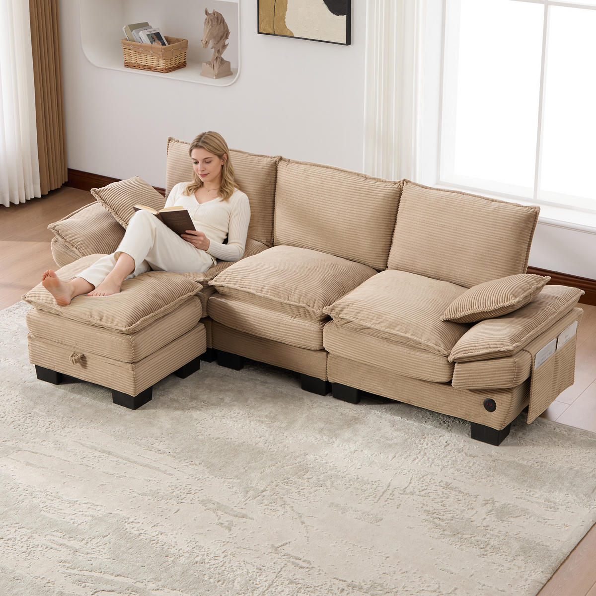 3-SITZER Sofa aus Cord 260x132x84 cm mit Hocker & USB-C-Anschluss, beige - Beige, Textil (132/84/260cm)