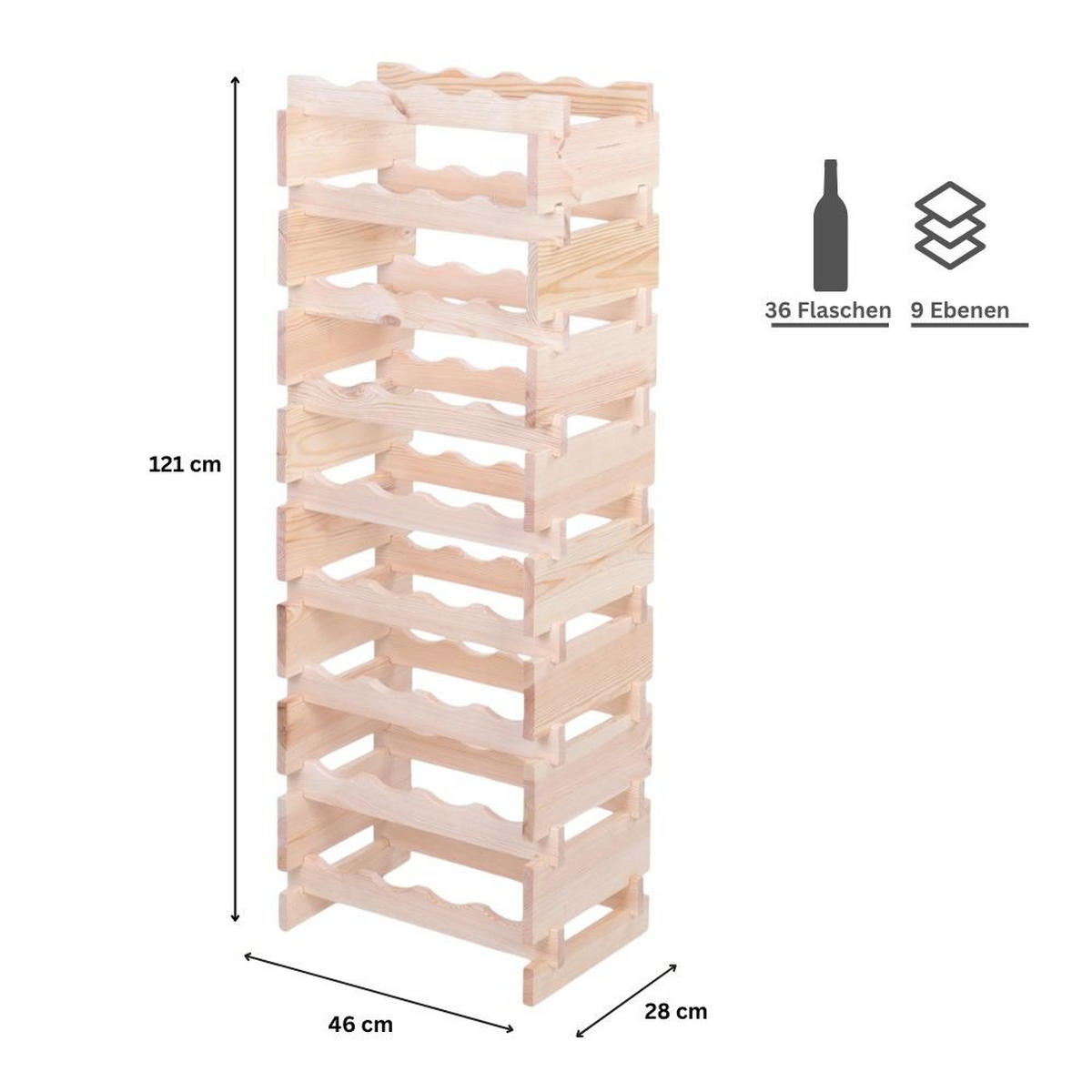 WEINREGAL VINOTECA FLEX PRO HxBxT 121x46x28cm 36 Flaschen auf 9 Ebenen Natur unbehandelt - Naturfarben, Holz (46/121/28cm) - PROREGAL