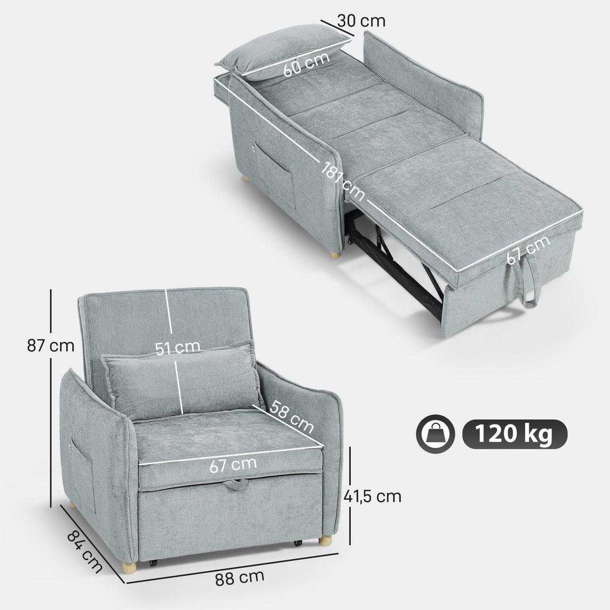 SCHLAFSESSEL DE-14630 3-in-1 Klick-Klack, breite Sitzfläche Grau - Grau, Textil (84/87/88cm) - ComfortXL