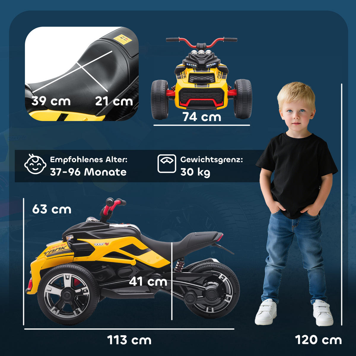 KINDER-ELEKTROQUAD 12V Kinderquad mit 3 Rädern, 2 Geschwindigkeiten, Gelb - Gelb, Kunststoff (113/74/63cm) - AIYAPLAY