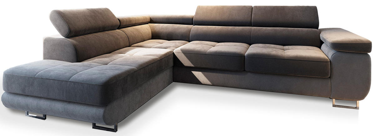 ECKSOFA SELVA L-S Grau Velours-Stoff mit Schlaffunktion - Grau, Holz (275/202cm) - MASSENO