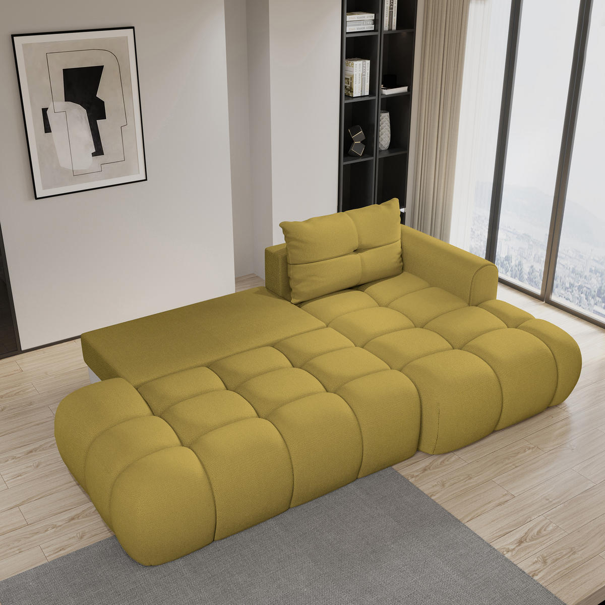 ECKSOFA FLUMA R-S Gelb Geflochtener Stoff mit Schlaffunktion - Gelb, Holz (274/165cm) - MASSENO