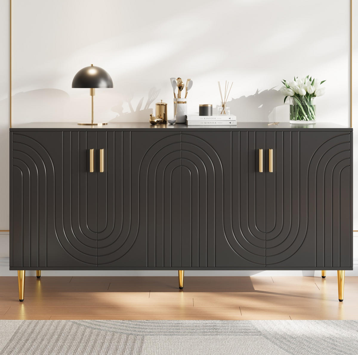 SIDEBOARD 152/40/75 cm in Schwarz mit Wellenfront und goldfarbenen Details - Schwarz, Holzwerkstoff (152/75/40cm) - Flora Grace