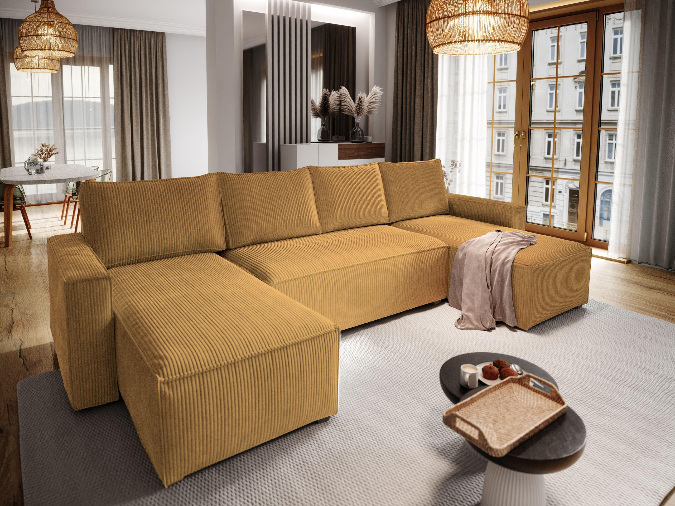 WOHNLANDSCHAFT ASPRA Gelb Kordstoff mit Schlaffunktion - Gelb, Holz (295/85/140cm) - MASSENO