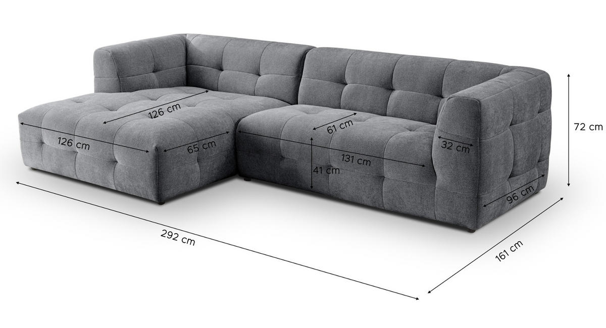 SOFA grau Webstoff 292 x 161 cm, Ecksofa 5-Sitzer, L-Sofa Ottomane links - Grau, Holz/Textil (292/161cm) - Inn.Furn
