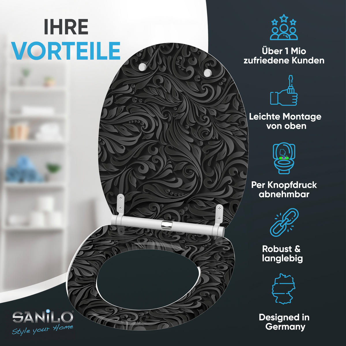 WC-SITZ mit Absenkautomatik & Top Fix Floral - Schwarz, Holzwerkstoff (37.7/5.5/48cm) - Sanilo