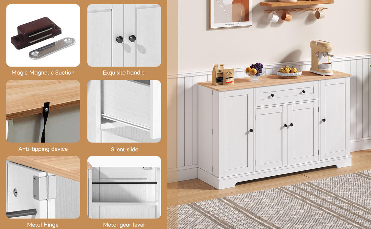 SIDEBOARD mit Schublade, Doppeltürfach und verstellbaren Einlegeböden, 138/40/85 cm, Natur und Weiß - Weiß, Holzwerkstoff (138/85/40cm) - Redom