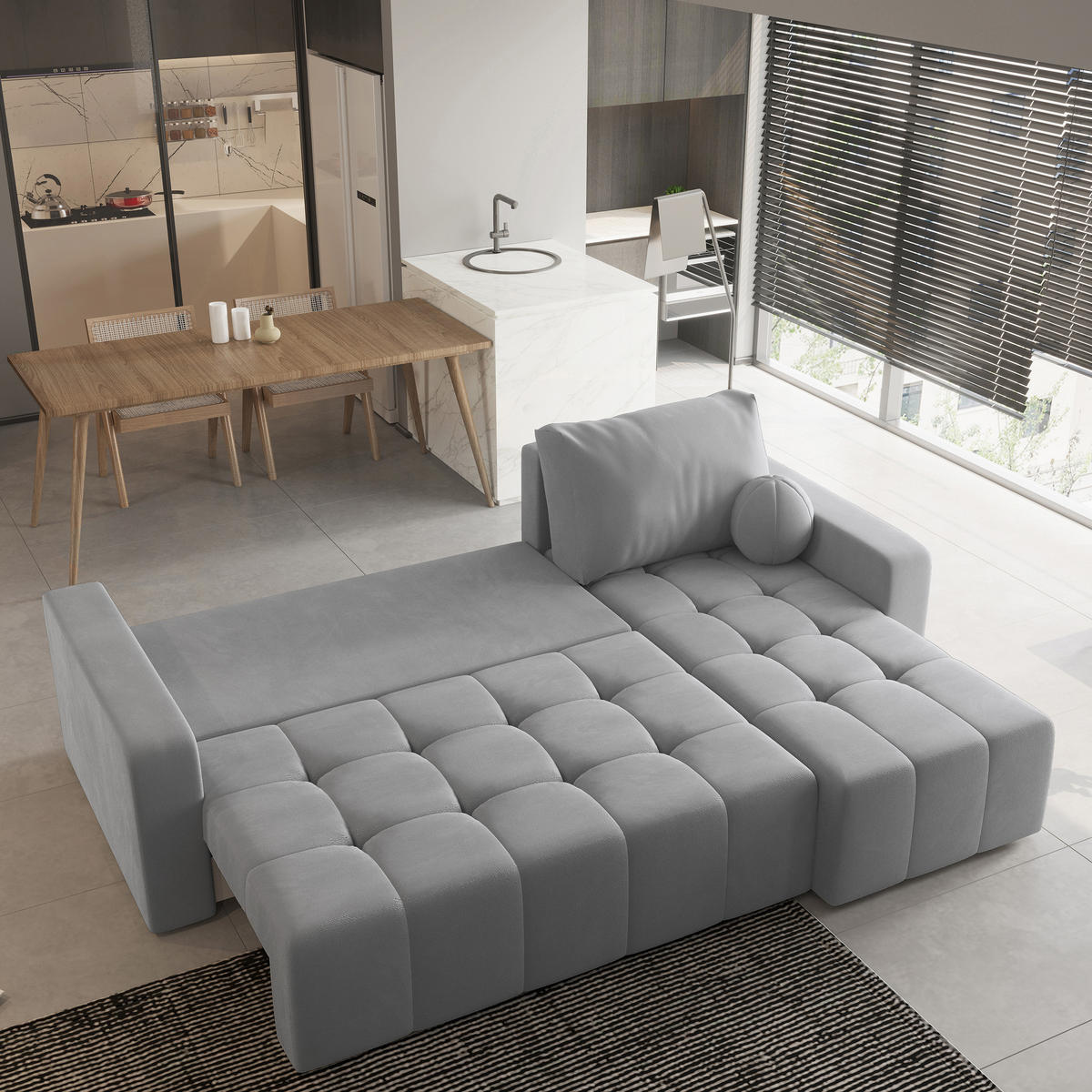 ECKSOFA VOLIRA Hellgrau Plüsch-Stoff mit Schlaffunktion - Hellgrau, Holz (230/143cm) - MASSENO