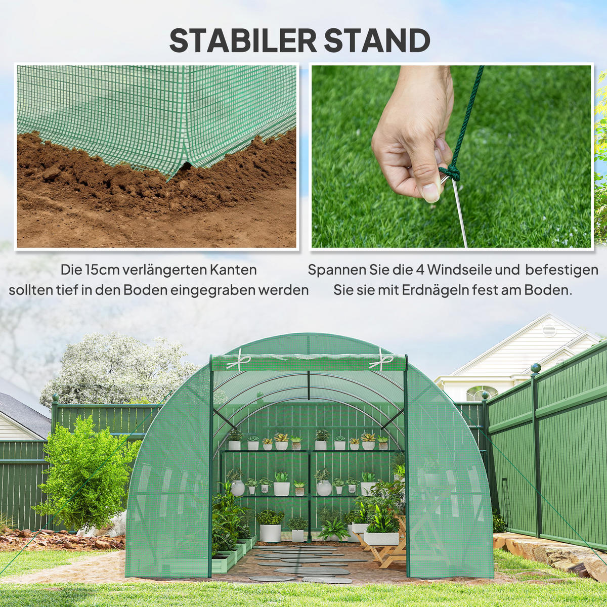 GEWÄCHSHAUS DE-05813 Folientunnel mit Fenster 595/300/200 cm Grün - Grün, Kunststoff/Metall (300/200/595cm) - ComfortXL