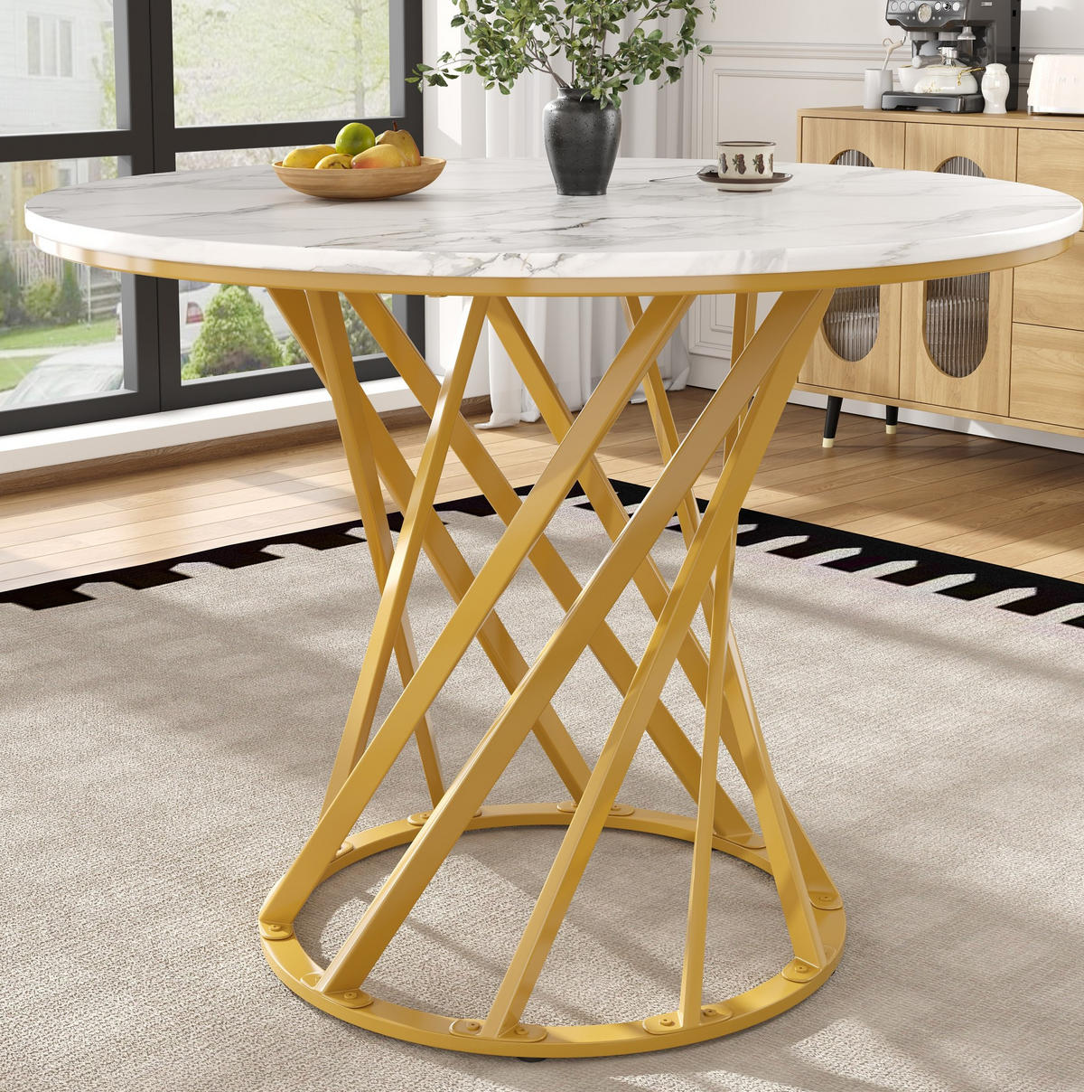 ESSTISCH 80/80/76 cm Weiß Gold runder Tisch mit marmorierter MDF-Platte und Metallbeinen - Goldfarben, Holzwerkstoff (80/80/76cm) - OKWISH