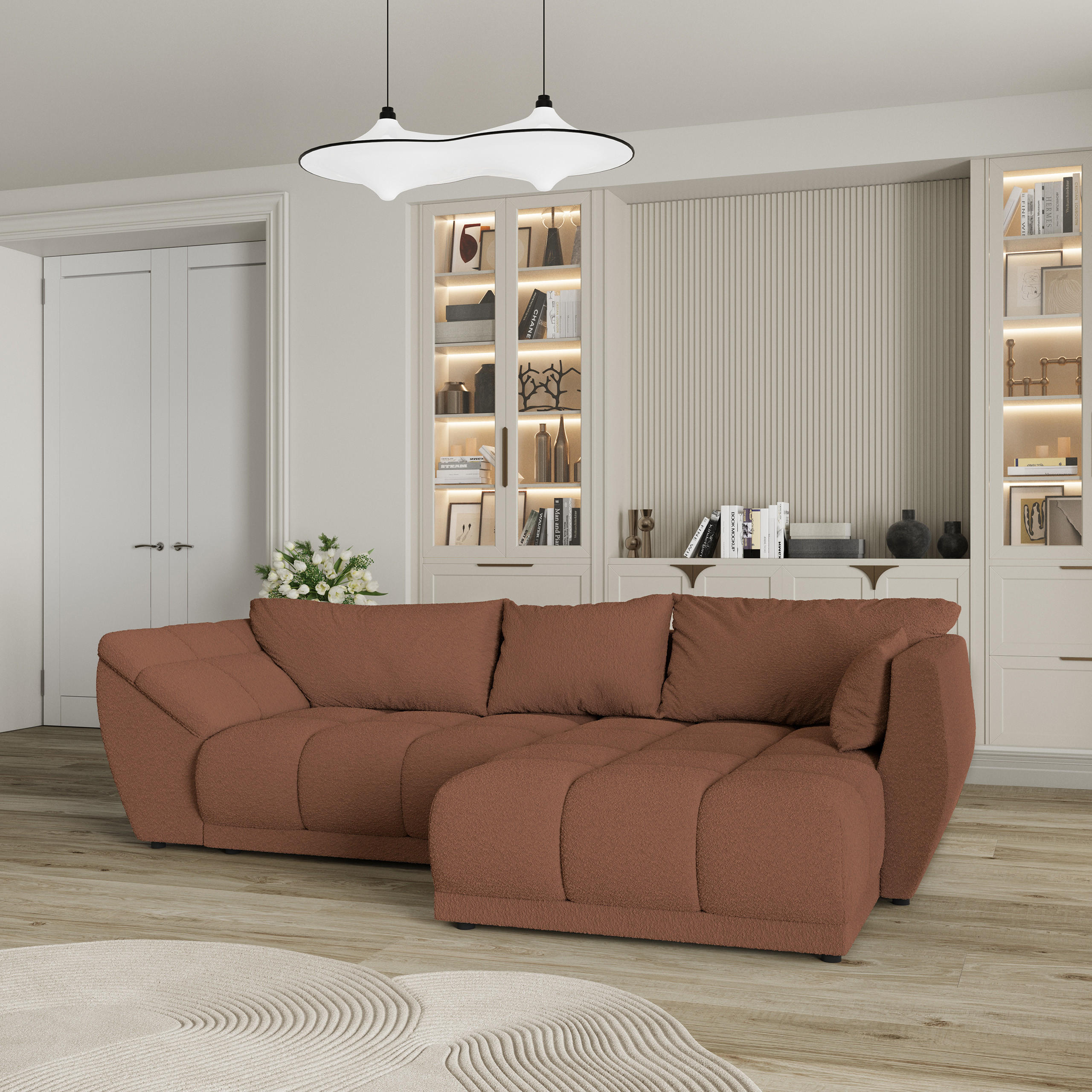 ECKSOFA ORENTI R-S Kupferfarben Boucle-Stoff mit Schlaffunktion - Kupferfarben, Holz (287/182cm) - MASSENO