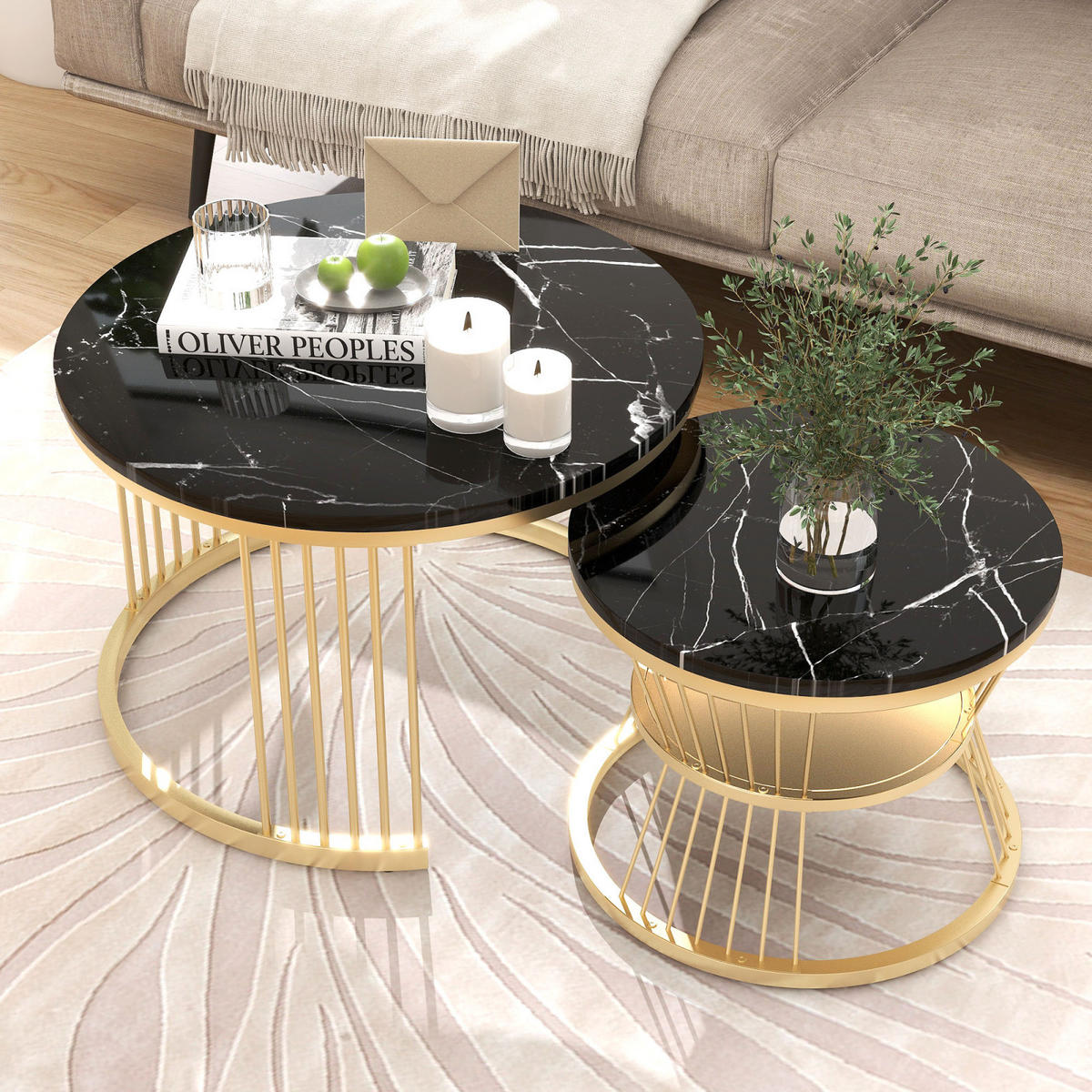 RUNDE Couchtische 2er Set, Satztisch mit Metallrahmen Marmoroptik für Wohnzimmer - Schwarz, Metall (70/70/45cm) - PARAFTA HOME