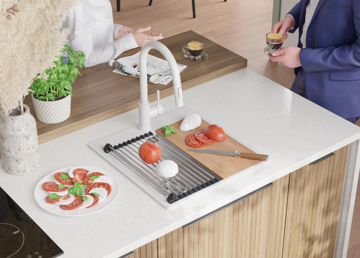 GRANITSPÜLE Oslo, 2-er set Alles Weiß 48/50 cm 1 Becken + Küchenarmatur 40/20 cm + Ablauf-Set + Schneidebrett ab 50er Unterschrank - Beige/Weiß, Kunststoff (48/20/50cm) - Primagran