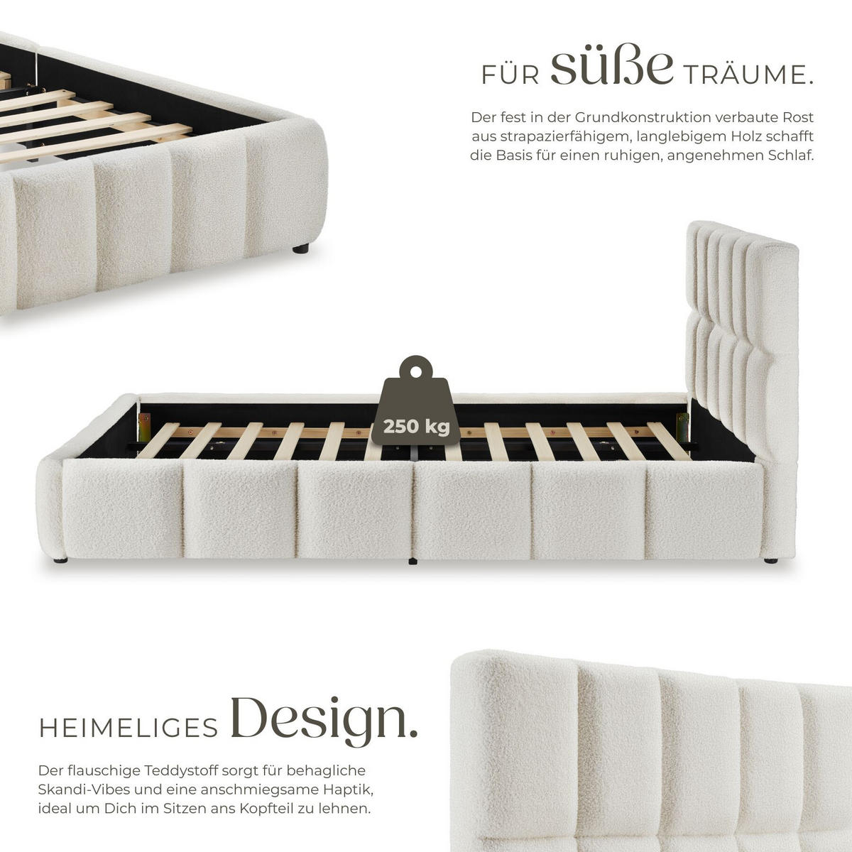 POLSTERBETT Shirley, Belastbarkeit 250 kg, Teddy creme - Creme, Holz (180/200cm) - tectake