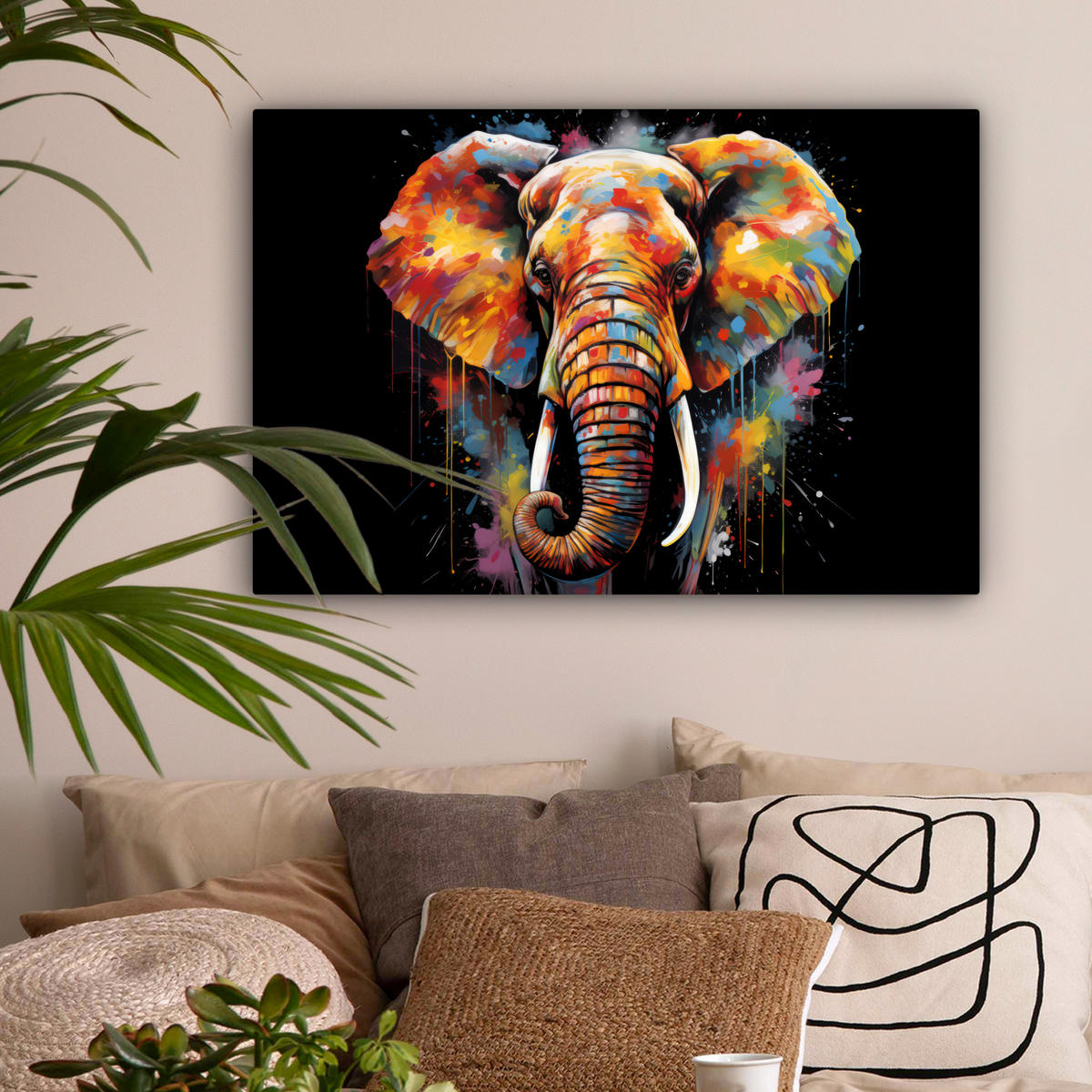LEINWANDBILD Elefant - Graffiti - Schwarz - Tiere - Farben Gemälde 60x40 cm - Schwarz, Textil (60/40cm) - MuchoWow