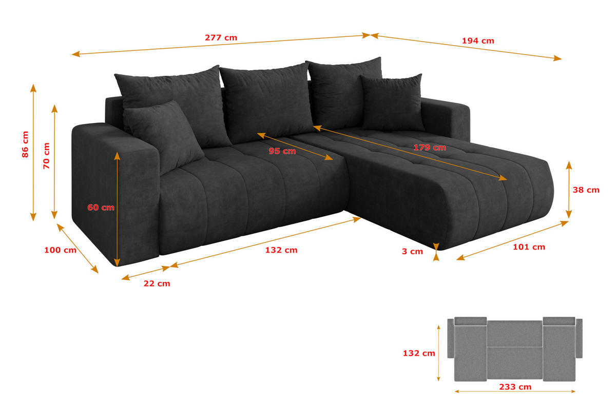 ROHOVÁ SEDAČKA s funkcí spaní, otoman vpravo MILA-L 277x194x86 tmavě šedá velur - černá/antracitová, kompozitní dřevo/textil (277/194cm) - ALTDECOR