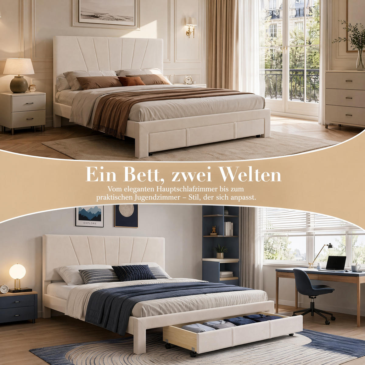 DOPPELBETT 140x200 Samt Beige Mit Rollschublade Stabil Lattenrost - Beige, Holz - SHOPENTRA