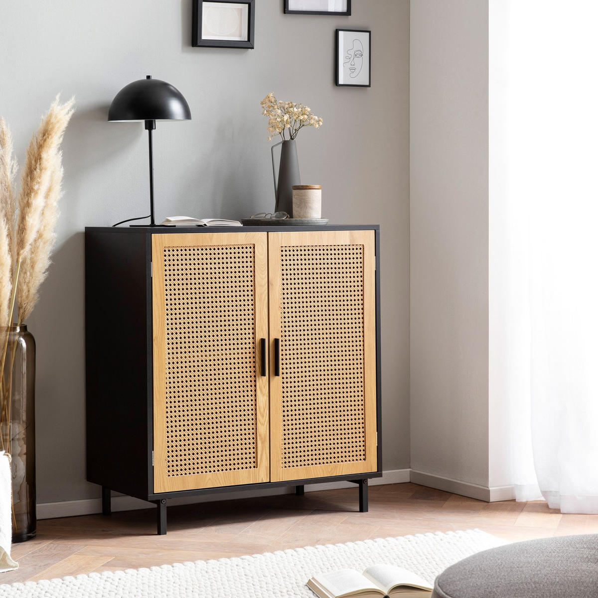 SIDEBOARD – Schwarz, 80x86,5x40 cm, mit Wiener Geflecht, 2 Türen, hoch - Schwarz, Holzwerkstoff/Metall (80/87/40cm) - KADIMA DESIGN