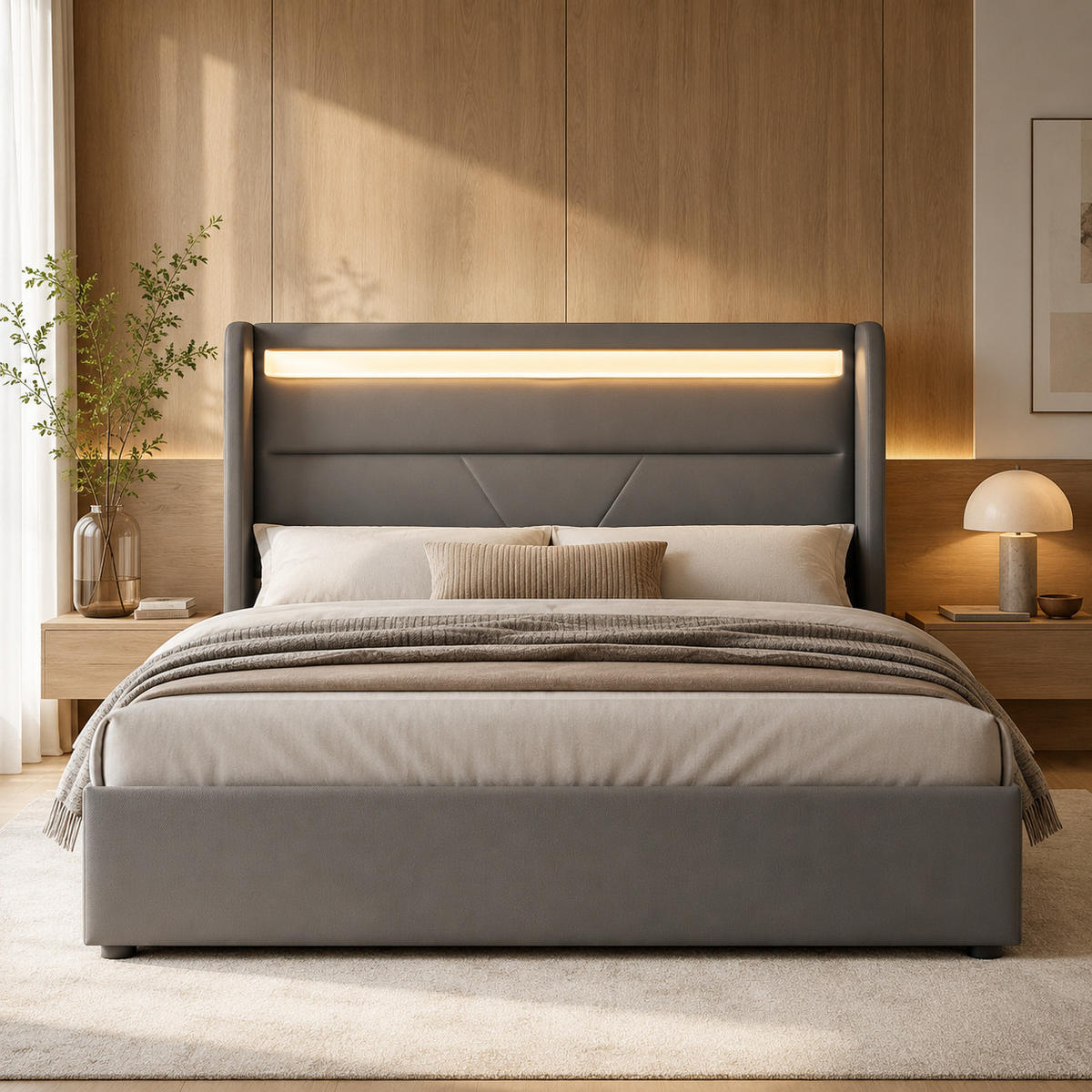 POLSTERBETT 140/200 cm Grau mit LED-Beleuchtungsleiste und Fernbedienung - Grau, Leder (140/200cm) - Oxeza