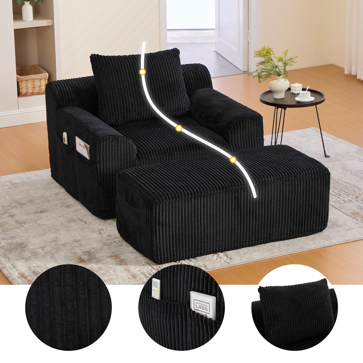 SESSEL mit Hocker in Cord Übergroßer Relaxsessel - Schwarz, Textil (147/67/110cm) - Urban Meuble