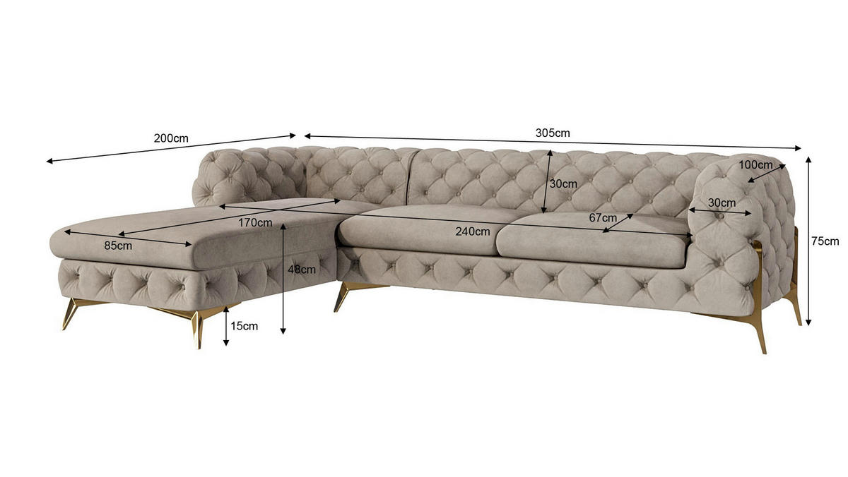ECKSOFA Chesterfield Lexi Dunkle Creme Samt, Ottomane links - Goldfarben/Creme, Holz/Textil (305/200cm) - S-Style Möbel
