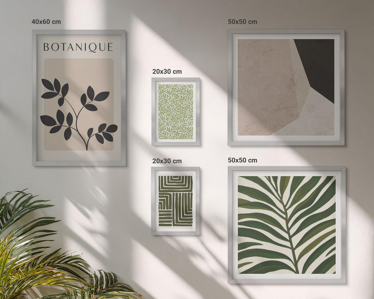 BILDER SET 5er Set - 50x50 cm & 20x30 cm & 40x60 cm Silberner Rahmen - Botanische Boho-Kompositionen - Silberfarben, Kunststoff (40/60cm) - TULUP