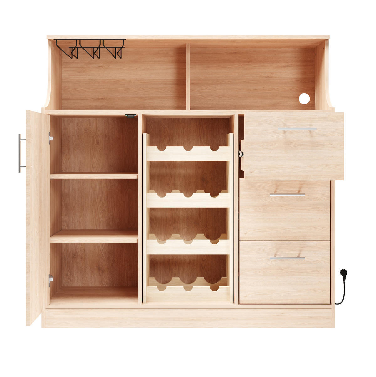 SIDEBOARD aus MDF 120x40x121 cm Natur/Weiß mit LED-Beleuchtung, Steckdose, Weinregal und Gläserhalter - Weiß, Holzwerkstoff (120/121/40cm) - Modfu
