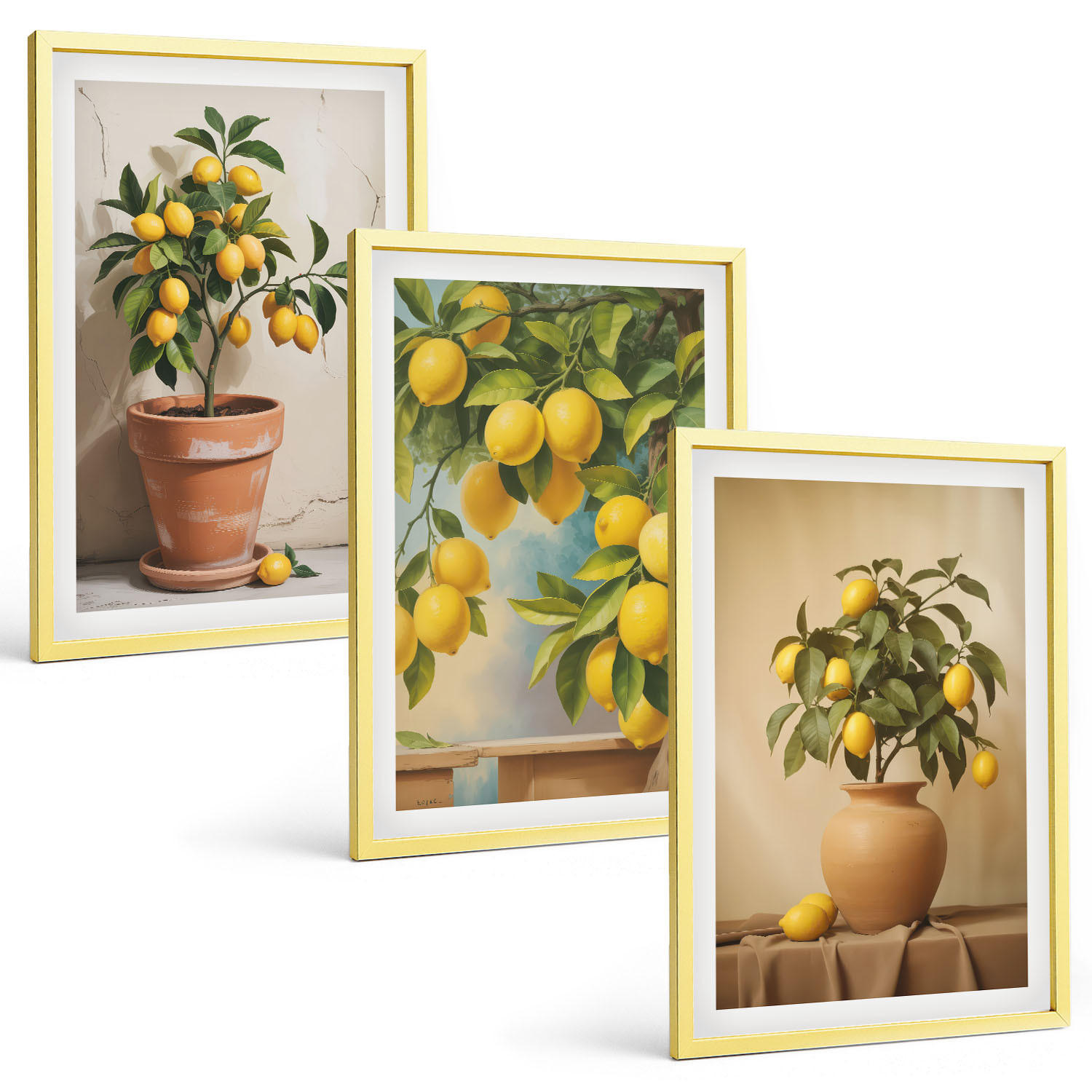 BILDER SET 3er Set - 40x60 cm Goldrahmen - Zitronenbäumchen im Topf und in der Vase - Goldfarben, Kunststoff (40/60cm) - TULUP