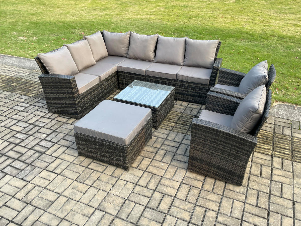 BALKONMÖBEL-SETS mit Ecksofa,Quadratischer Couchtisch,2 Sesseln,Hocker Polyrattan Dunkelgrau 9-Sitzer - Dunkelgrau/Grau, Glas/Kunststoff - Fimous