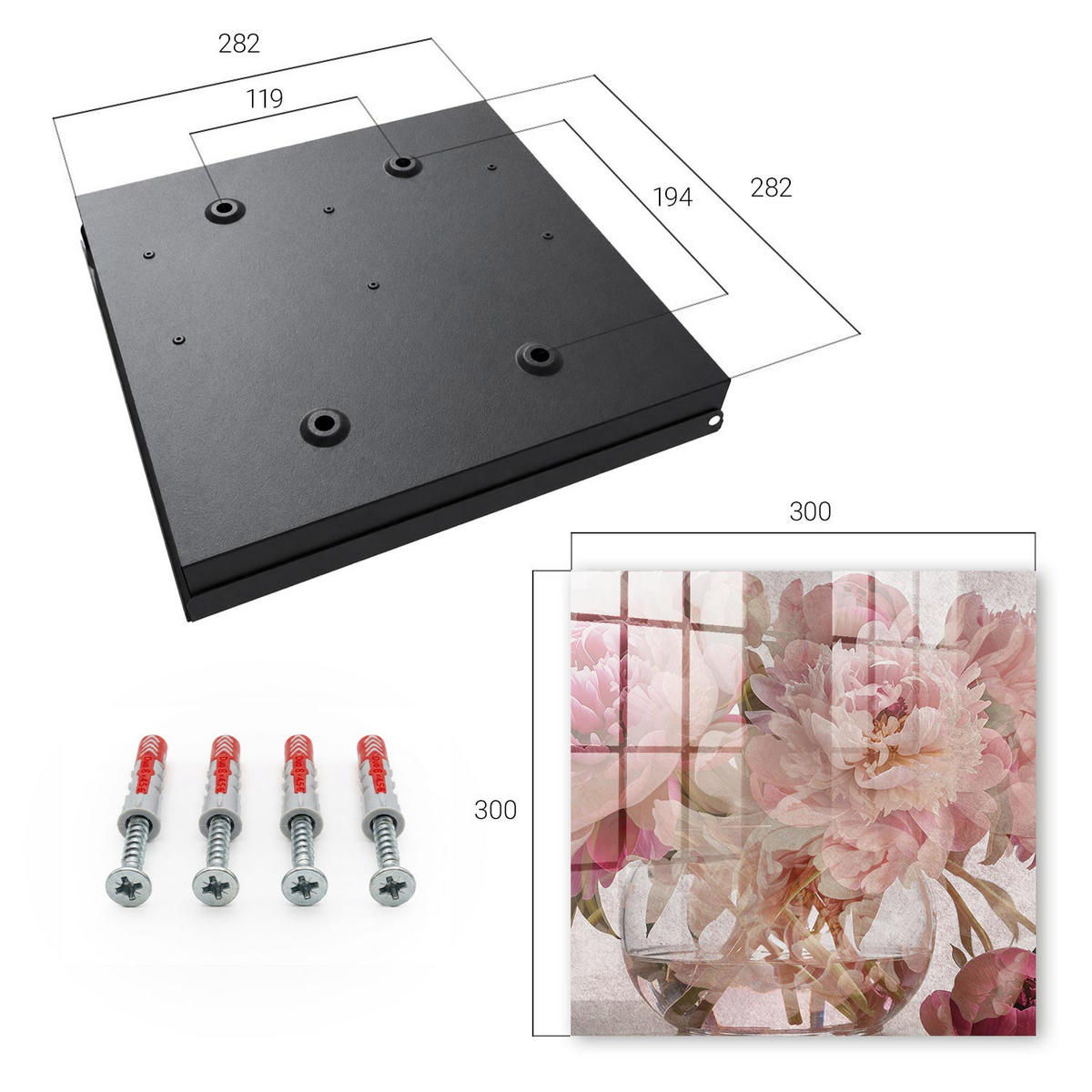 SCHLÜSSELBOX Schwarz 30x30 cm- Türöffnung nach rechts - Romantische Blumen - Pink, Metall (30/30/5cm) - TULUP