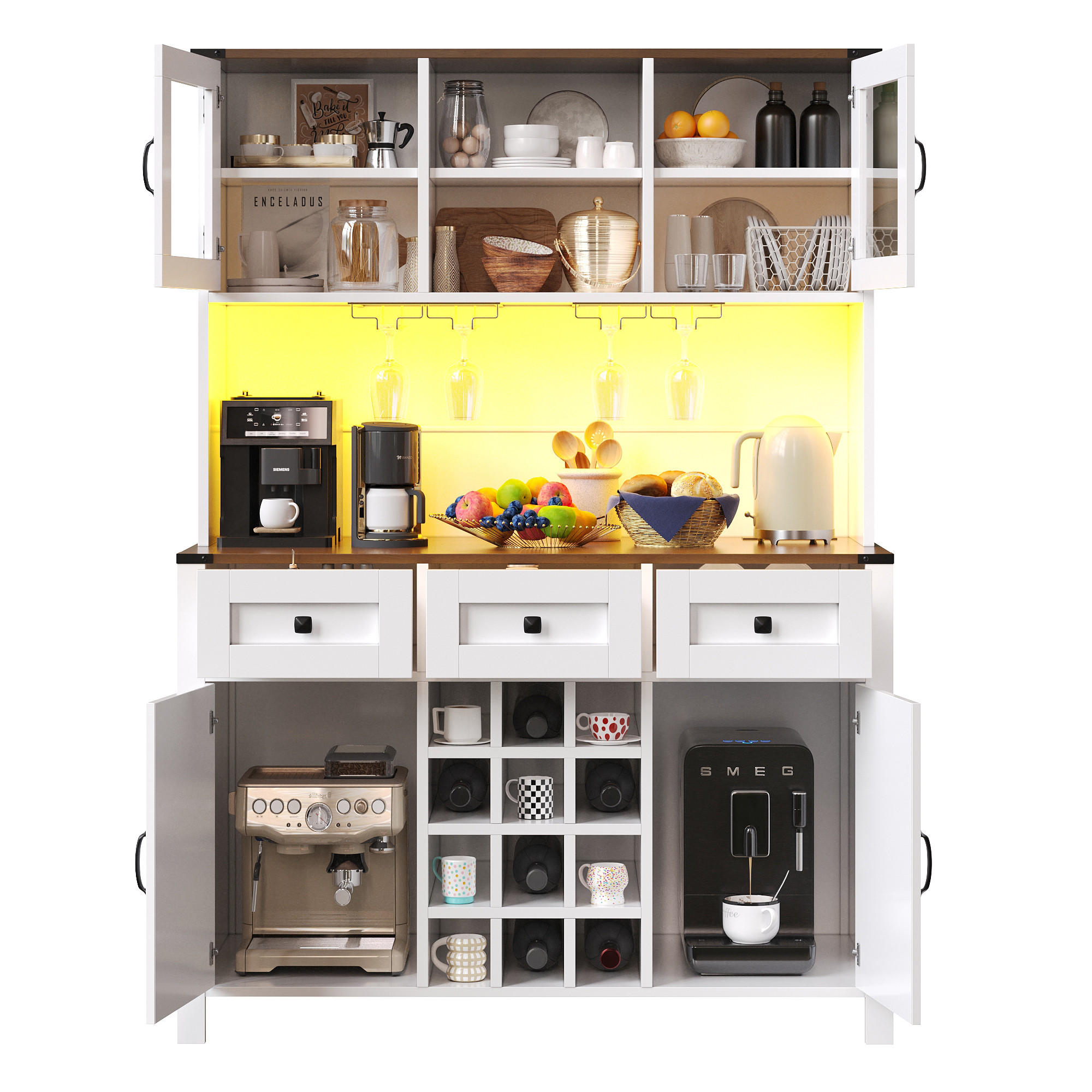 BUFFET DE-38415 120/40/170 cm mit LED-Beleuchtung und Steckdosen Weiß - Weiß, Holzwerkstoff (120/170/40cm) - ComfortXL