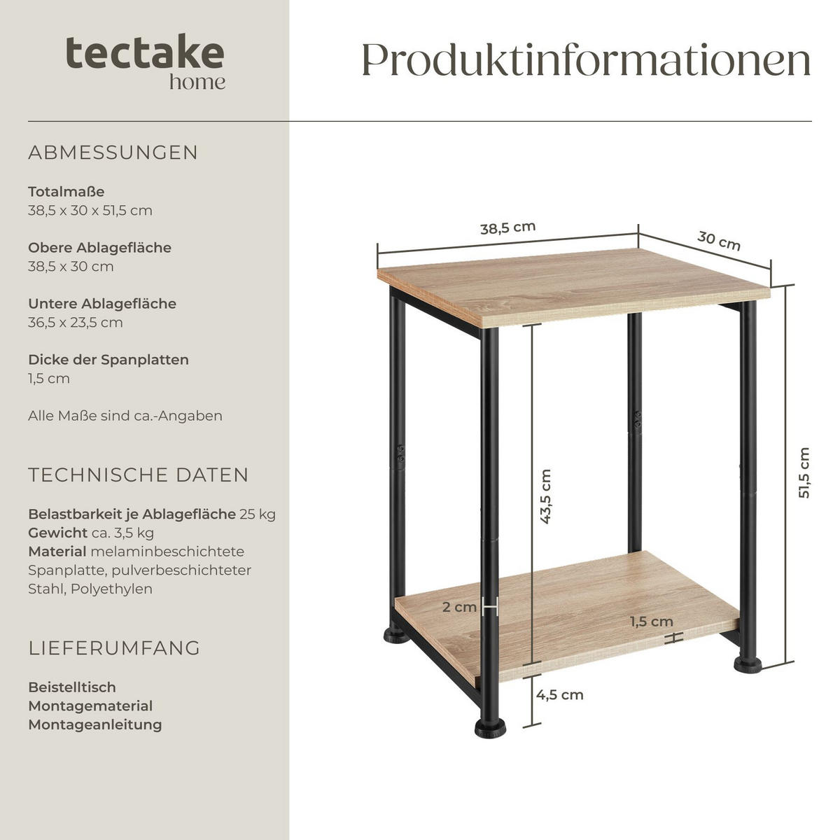 BEISTELLTISCH Yonkers, 38,5 x 30 x 51,5 cm, Industrial Holz hell, Eiche Sonoma - Naturfarben, Holzwerkstoff (38.5/30cm) - tectake